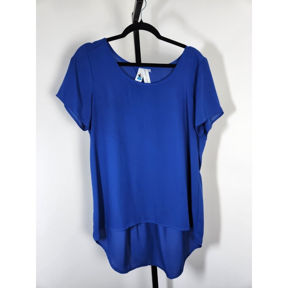 Society Girl Multicolored Pleated Short Sleeve Blouse - Blue - Size Large